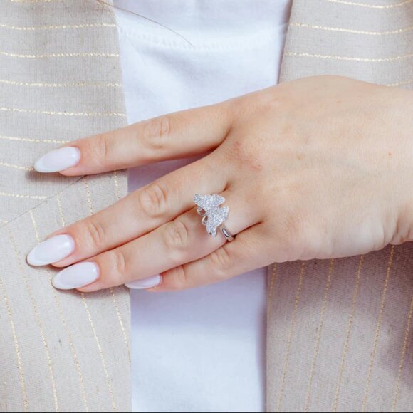 Sterling Silver 925 Rhodium Plated Micro Pave CZ Butterfly Ring - Picture 3 of 4